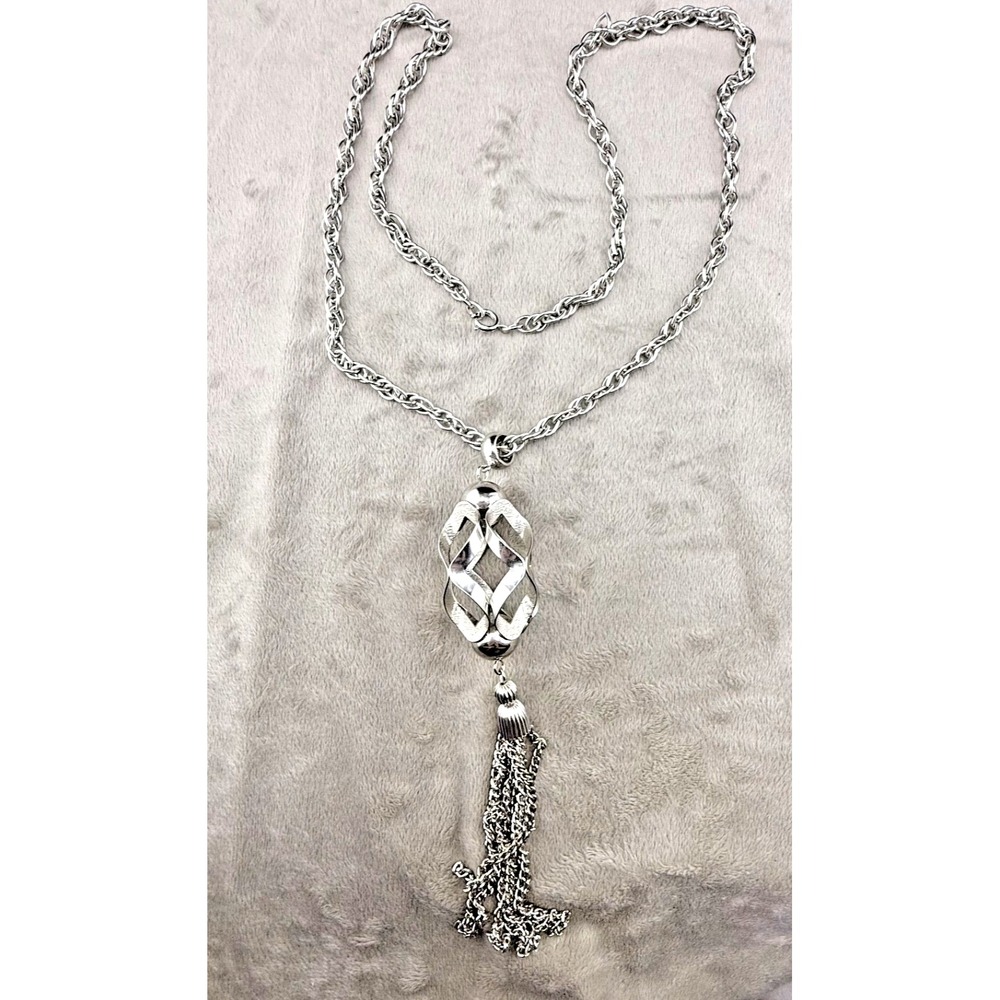 Vintage Estate Tassel Necklace Silver Tone Geometric Open Work 29in